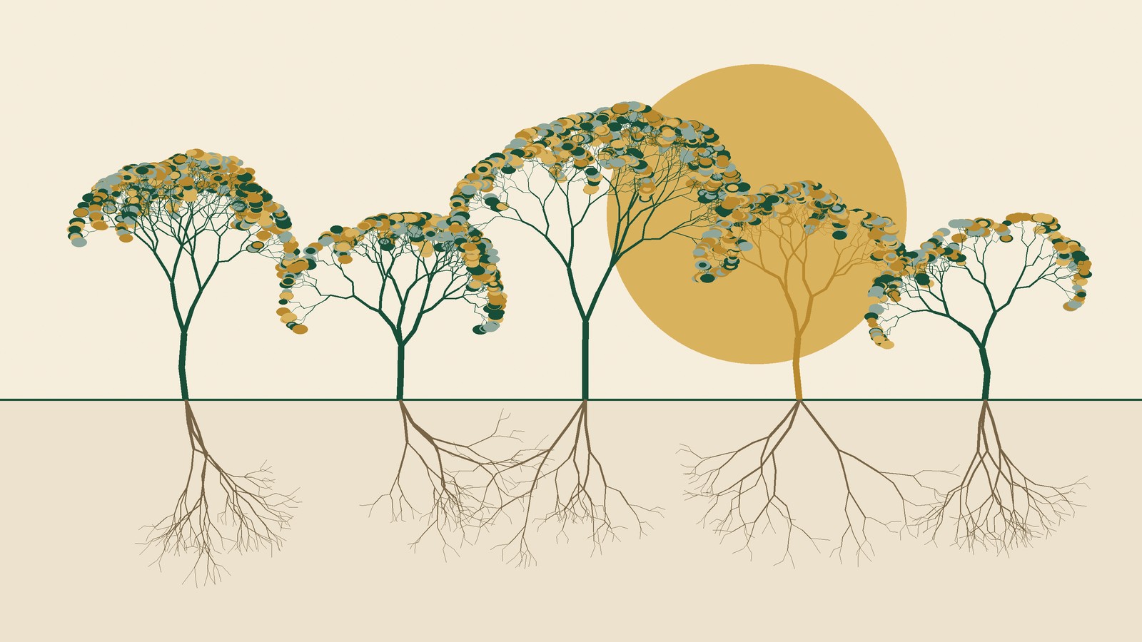 Il·lustració d'arbres amb les seves arrels sota un sol daurat
