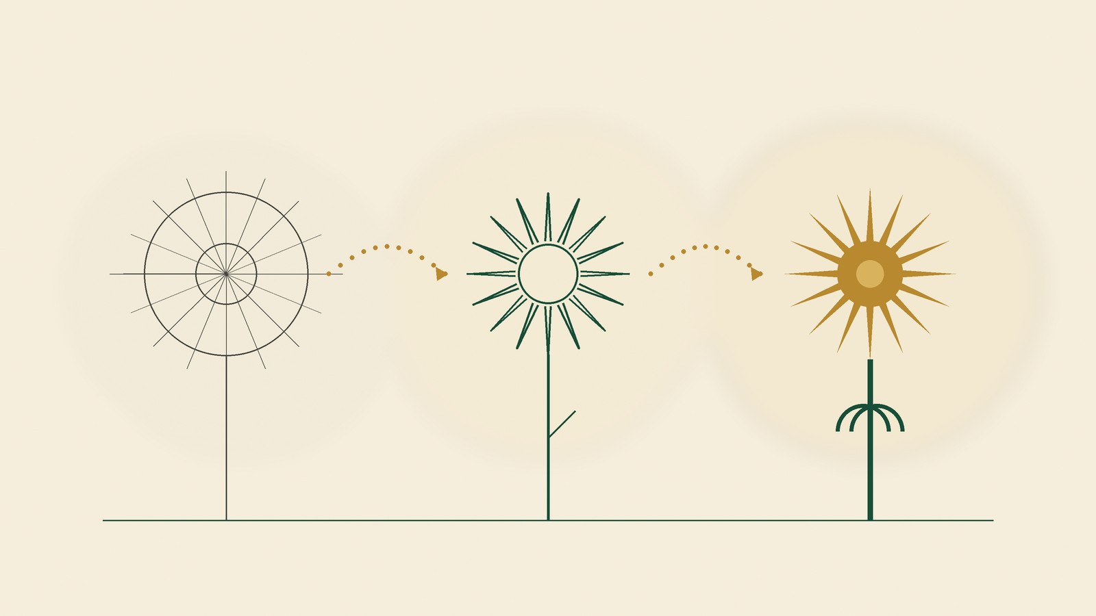 Il·lustració del procés creatiu: d'un esbós a llapis a un gira-sol daurat acabat